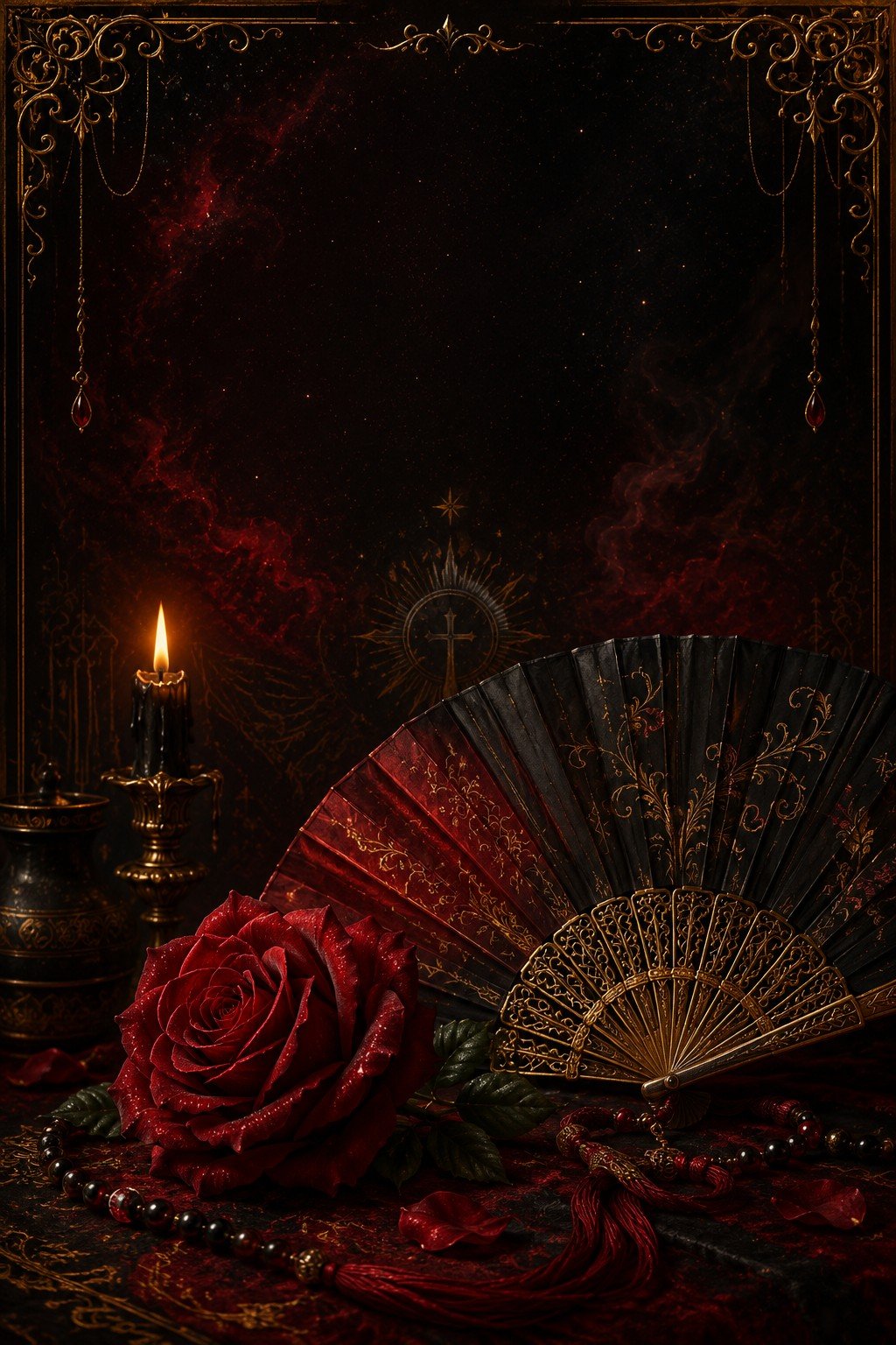 Pombas Giras — rosa vermelha, leque e véu